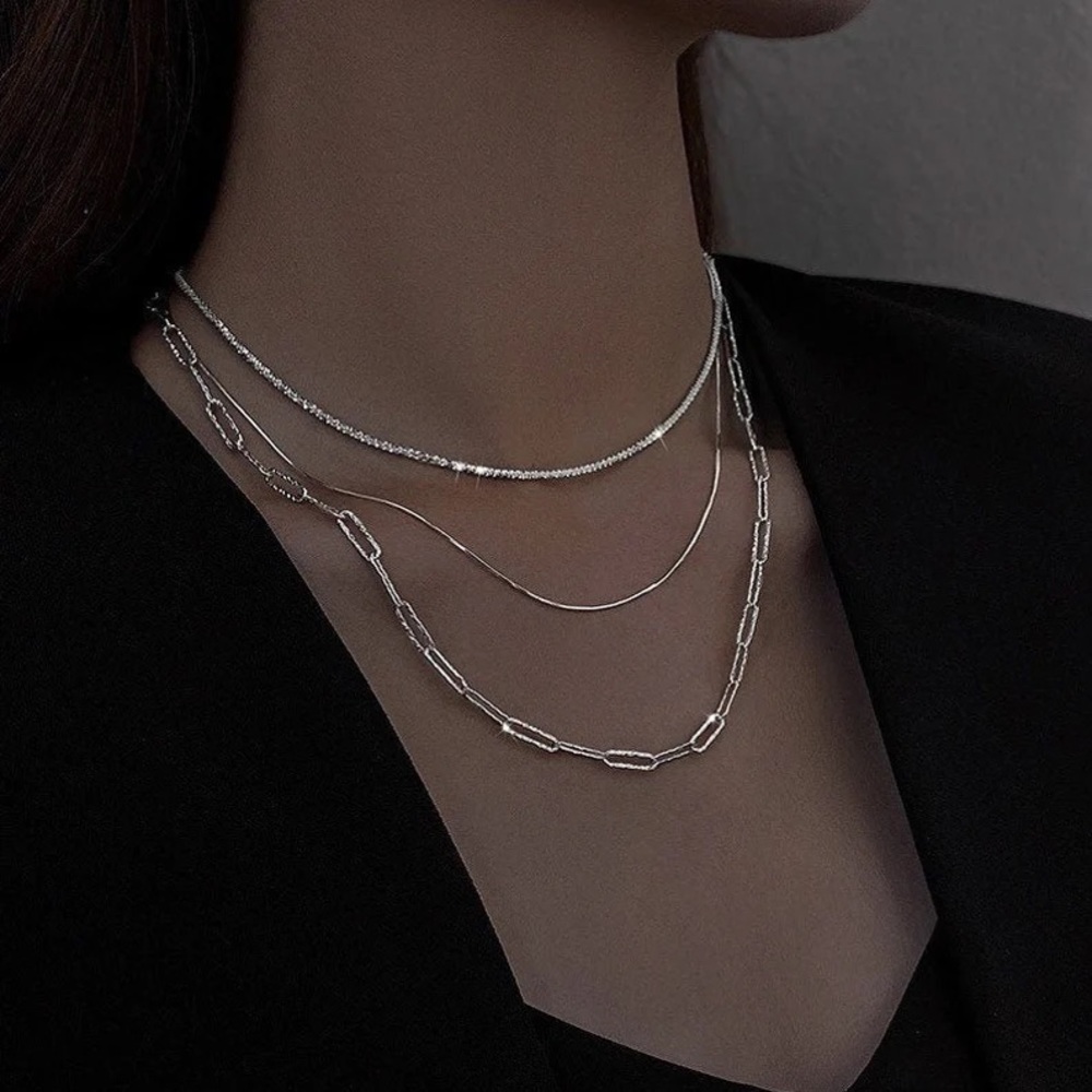 New 3pc set 925 Sterling Silver Layered Necklace Sparking Twisted Chain